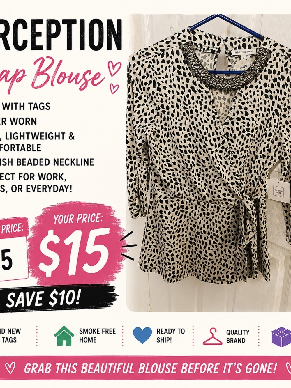 Perceptions White Black Print Wrap Blouse with Beaded Neckline